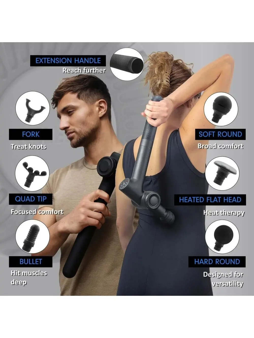 Bondir R2 PRO+ Massage Gun Heated Attachment Extension Handle 6 Heads Case